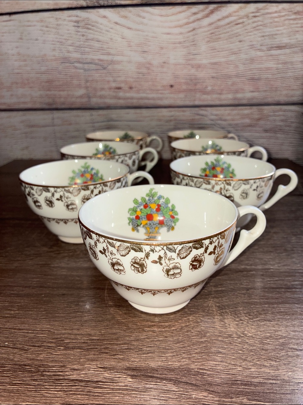 7 Classic Antique Pope Gosser Floral Fruit Basket Teacup - Gold Trim, White
